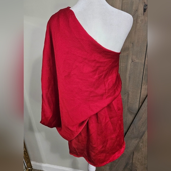 TYCHE Satin Scarlet Red Draped One-Shoulder Mini Dress. Size Small - Picture 10 of 14